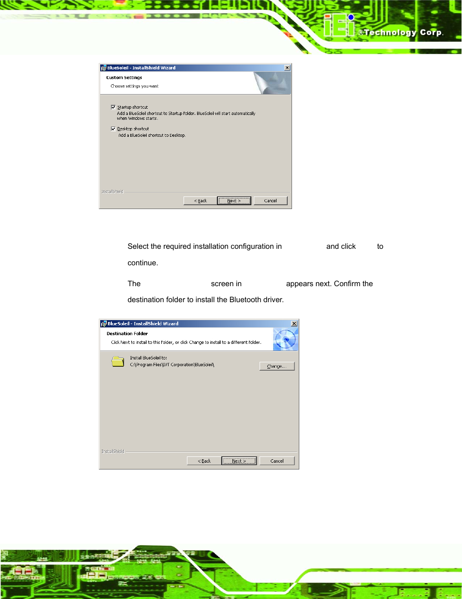 Figure 7-35: bluetooth driver setup options, Figure 7-36: bluetooth driver destination folder | IEI Integration AFL-15A-N270 v1.03 User Manual | Page 135 / 159