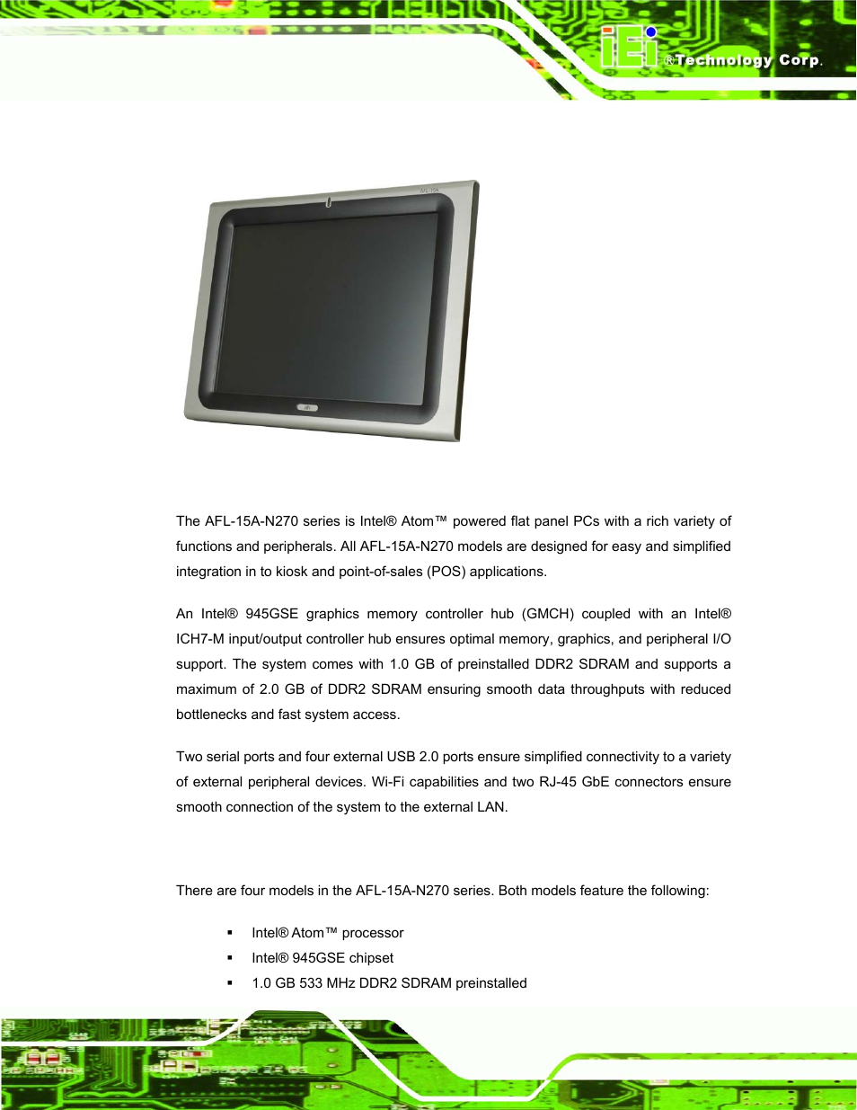 1 afl-15a-n270 flat panel pc overview, 1 features and model variations, Afl-15a-n270 | Anel, Verview, Figure 1-1: afl-15a-n270 flat panel pc | IEI Integration AFL-15A-N270 v1.03 User Manual | Page 15 / 159