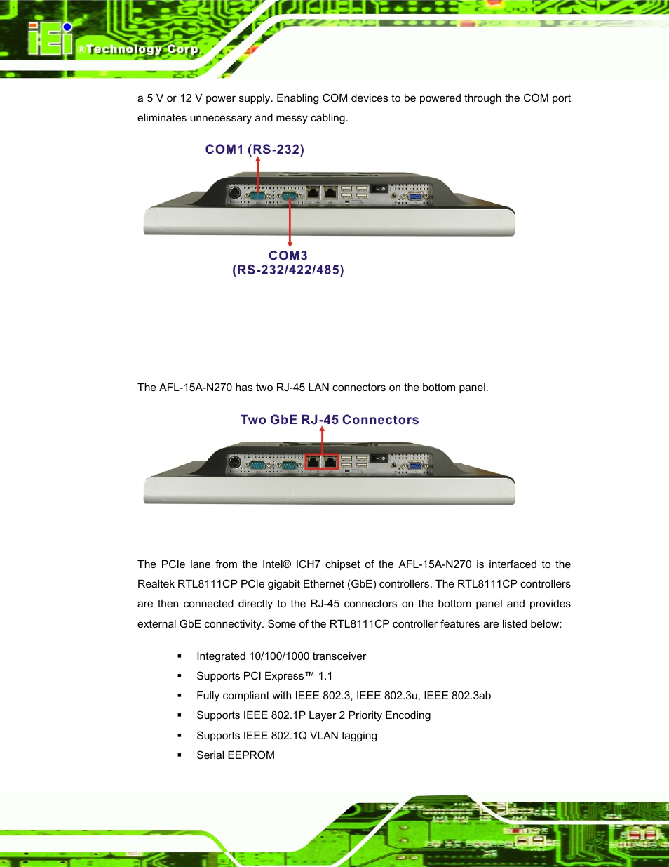 2 lan connectivity, Figure 2-3: com ports, Figure 2-4: rj-45 ethernet connectors | IEI Integration AFL-15A-N270 v1.03 User Manual | Page 26 / 159