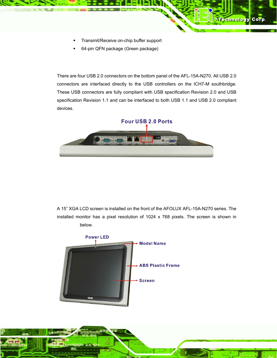 3 external usb connectors, 5 afolux afl-15a-n270 front side, 1 monitor | Afolux, Afl-15a-n270, Ront, Figure 2-5: external usb ports, Figure 2-6: lcd screen | IEI Integration AFL-15A-N270 v1.03 User Manual | Page 27 / 159