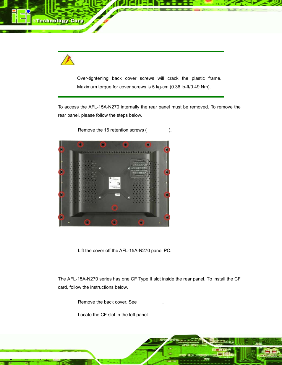 5 removing the rear panel, 6 cf card installation, Emoving the | Anel, Nstallation, Figure 4-1: back cover retention screws | IEI Integration AFL-15A-N270 v1.03 User Manual | Page 40 / 159