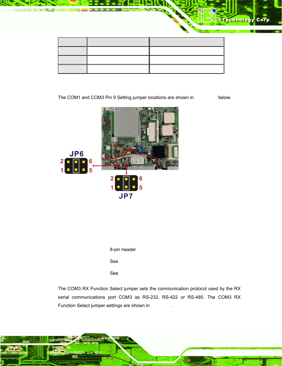 6 com3 rx function select jumper, Table 4-6: com3 pin 9 setting jumper settings, See figure 4-8 | IEI Integration AFL-15A-N270 v1.03 User Manual | Page 49 / 159