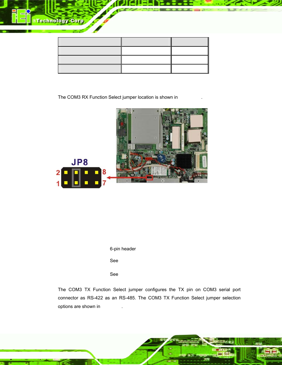 7 com3 tx function select jumper, Table 4-7: com3 rx function select jumper settings, See table 4-7 | See figure 4-9, Table 4-7 | IEI Integration AFL-15A-N270 v1.03 User Manual | Page 50 / 159