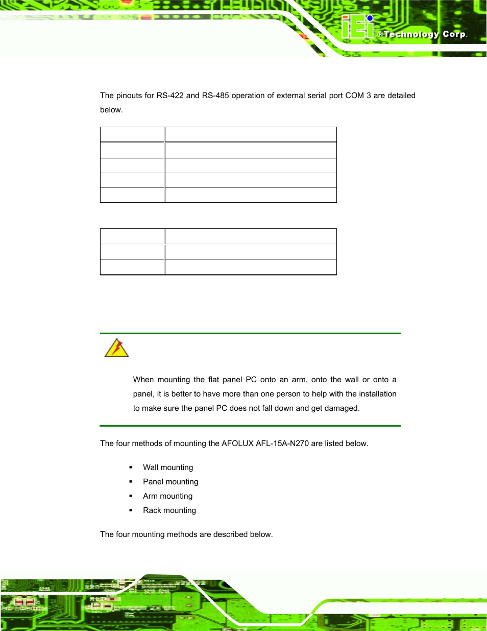 1 com3 rs-422 and rs-485 pinouts, 10 mounting the system, Ounting the | Ystem, Table 4-10: rs-422 pinouts, Table 4-11: rs-485 pinouts, Warning | IEI Integration AFL-15A-N270 v1.03 User Manual | Page 53 / 159