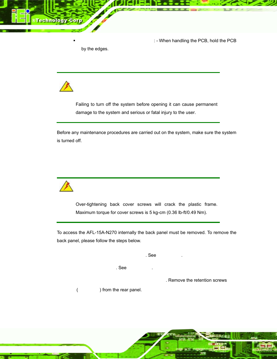 3 turn off the power, 4 opening the system, 1 removing the back panel | Urn off the, Ower, Pening the, Ystem | IEI Integration AFL-15A-N270 v1.03 User Manual | Page 66 / 159