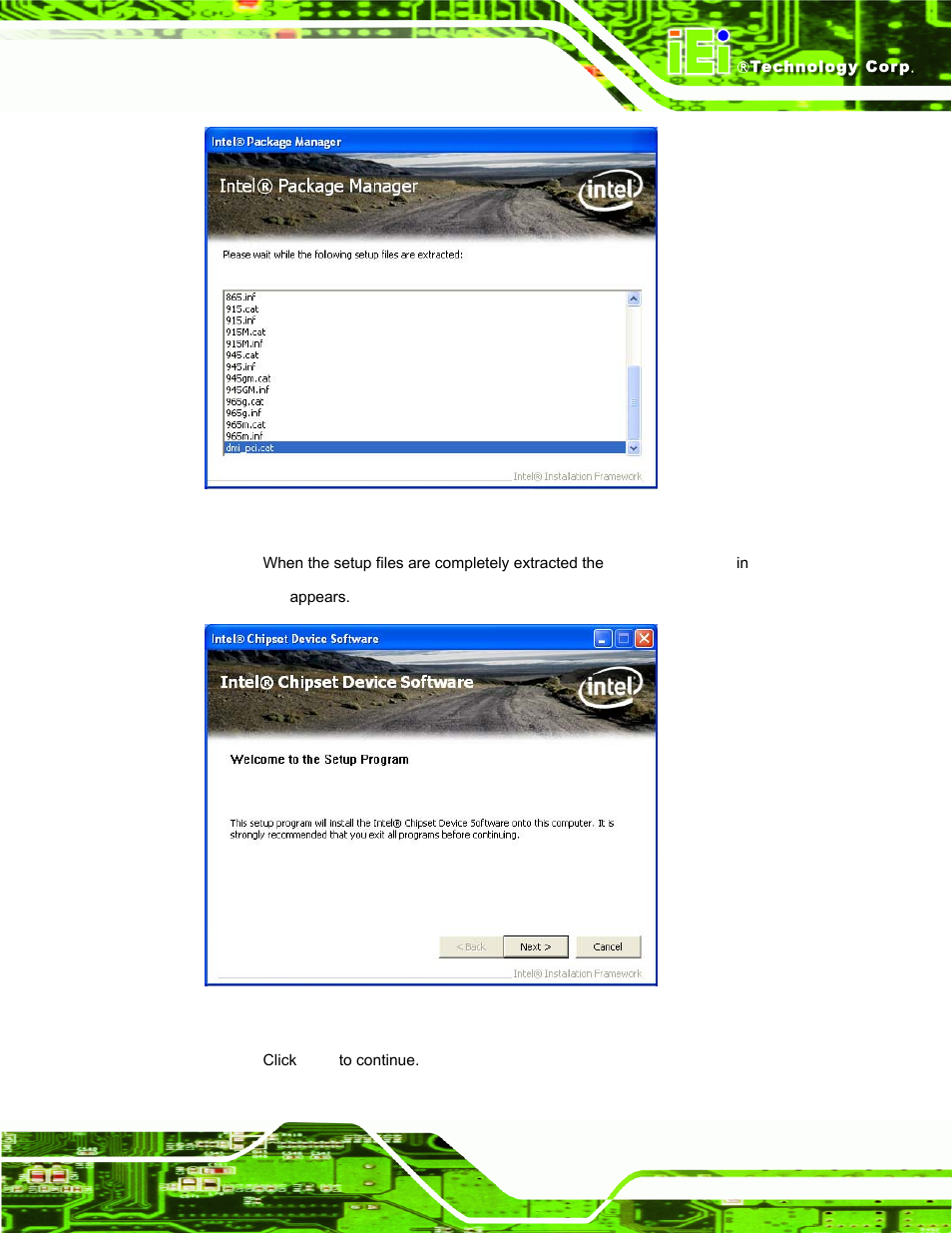 Figure 7-2: chipset driver screen, Figure 7-3: chipset driver welcome screen | IEI Integration AFL-15A-N270 v2.20 User Manual | Page 113 / 158