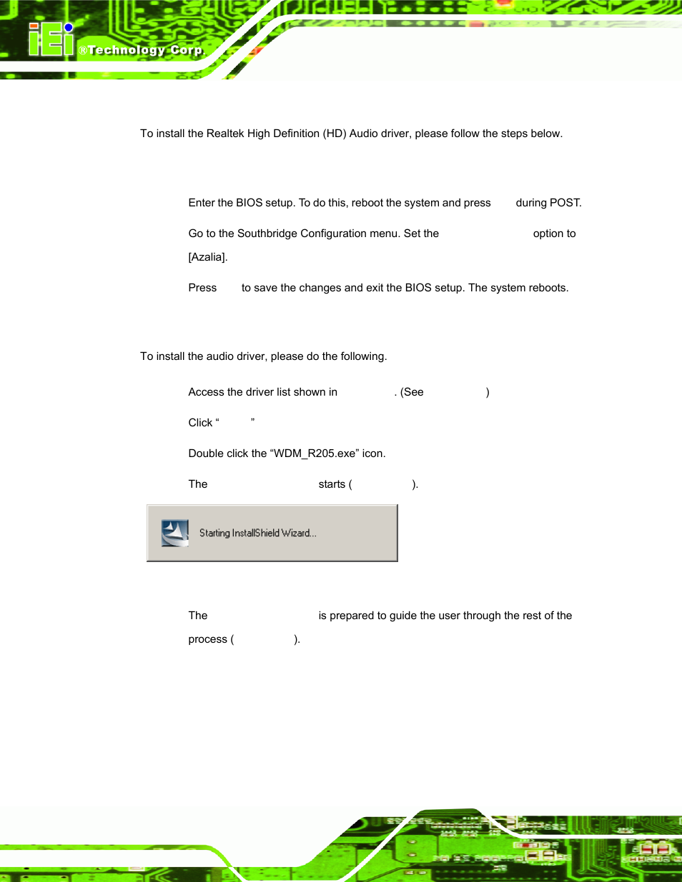 5 audio driver installation, 1 bios setup, 2 driver installation | Udio, River, Nstallation, Figure 7-15: the installshield wizard starts | IEI Integration AFL-15A-N270 v2.20 User Manual | Page 122 / 158