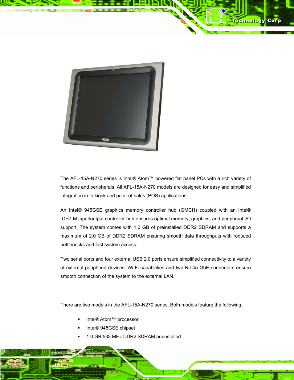1 afl-15a-n270 flat panel pc overview, 1 features and model variations, Afl-15a-n270 | Anel, Verview, Figure 1-1: afl-15a-n270 flat panel pc | IEI Integration AFL-15A-N270 v2.20 User Manual | Page 15 / 158