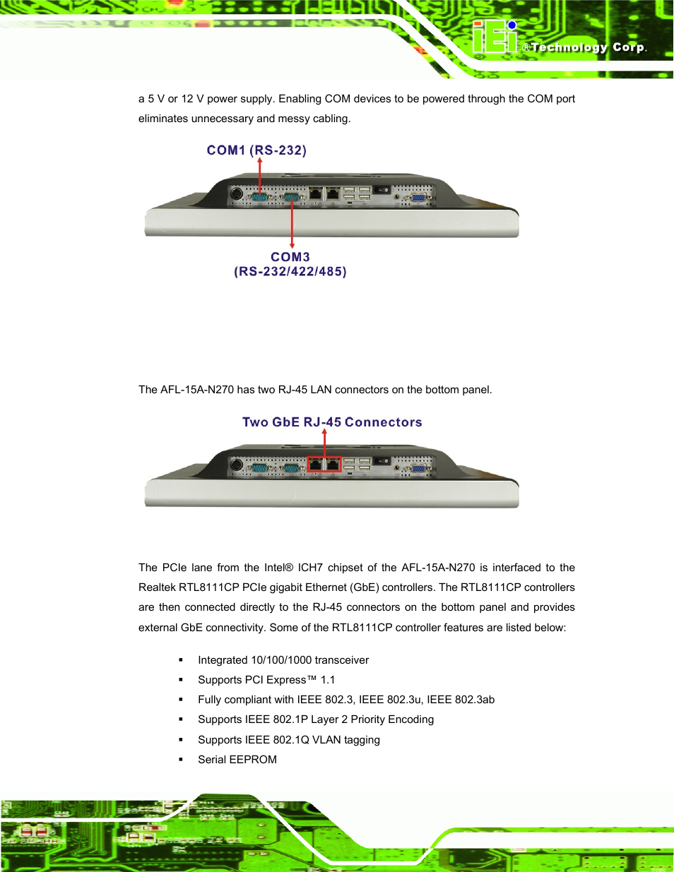 2 lan connectivity, Figure 2-3: com ports, Figure 2-4: rj-45 ethernet connectors | IEI Integration AFL-15A-N270 v2.20 User Manual | Page 25 / 158