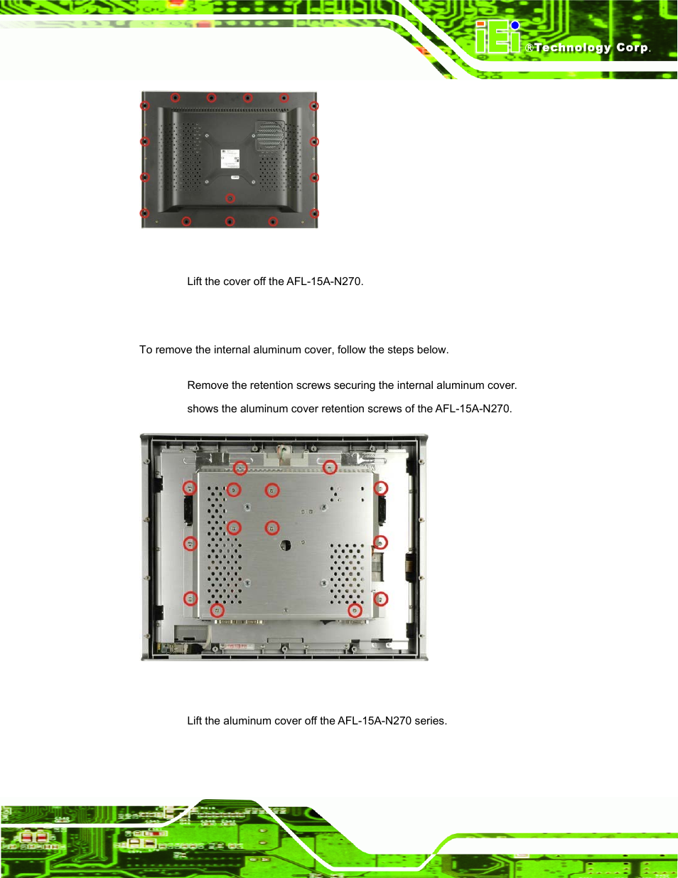 2 internal aluminum cover removal, Figure 5-1: back cover retention screws, Figure 5-2: aluminum back cover retention screws | IEI Integration AFL-15A-N270 v2.20 User Manual | Page 65 / 158