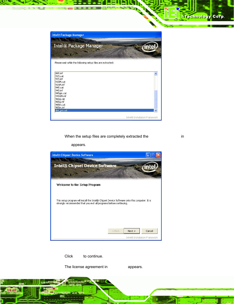 Figure 6-2: chipset driver screen, Figure 6-3: chipset driver welcome screen | IEI Integration AFL-ххA-N26 User Manual | Page 99 / 152