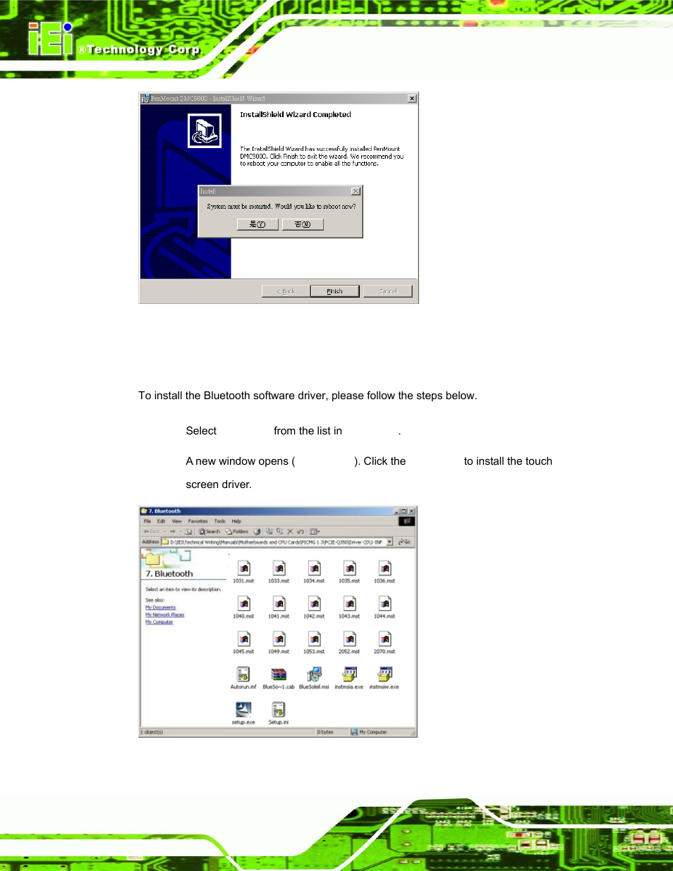 8 bluetooth driver, Luetooth, River | Figure 7-30: reboot the computer, Figure 7-31: bluetooth driver icon | IEI Integration AFL-xxA-N270-Series v1.03 User Manual | Page 140 / 171
