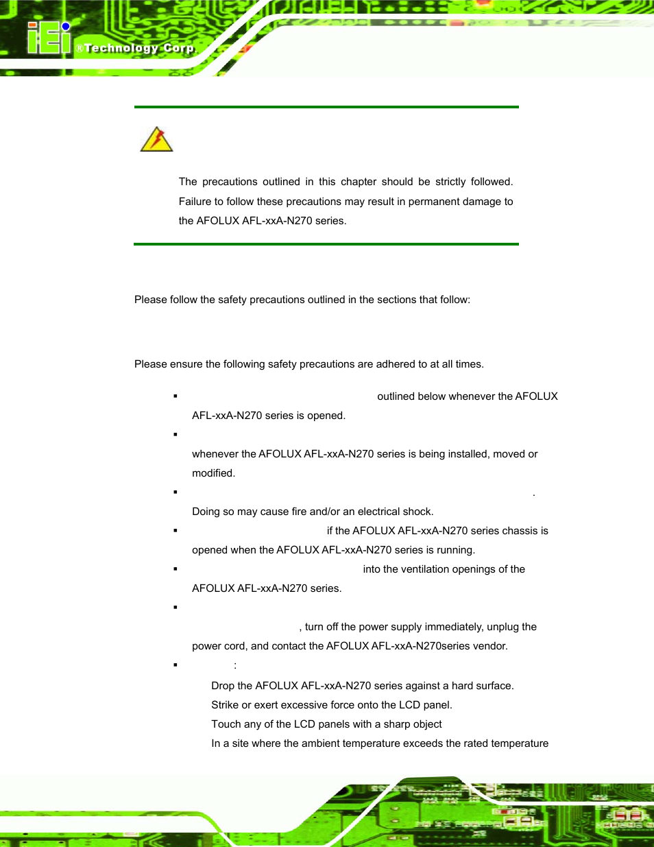 B.1 safety precautions, B.1.1 general safety precautions, Afety | Recautions | IEI Integration AFL-xxA-N270-Series v1.03 User Manual | Page 154 / 171
