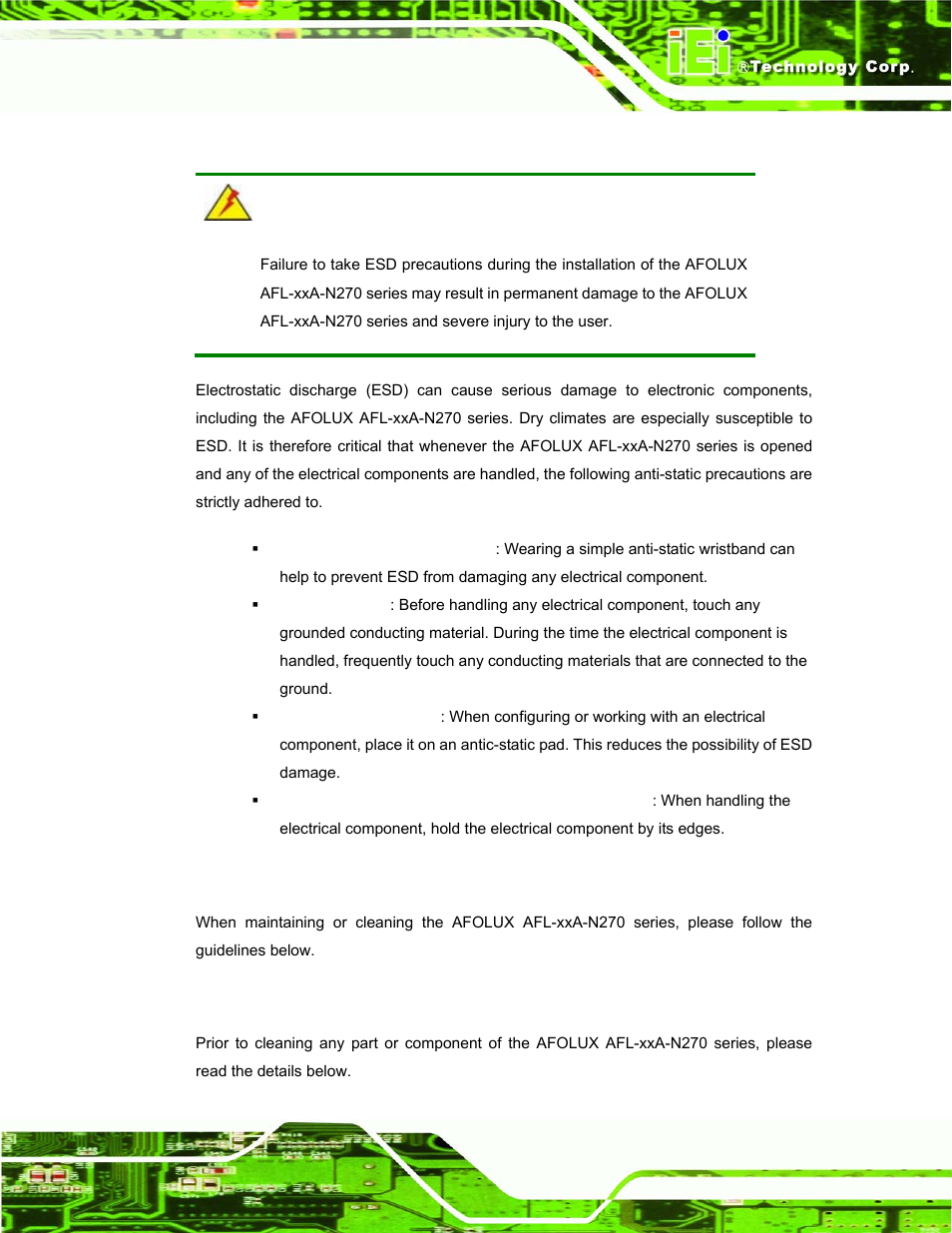 B.1.2 anti-static precautions, B.2 maintenance and cleaning precautions, B.2.1 maintenance and cleaning | Aintenance and, Leaning, Recautions | IEI Integration AFL-xxA-N270-Series v1.03 User Manual | Page 155 / 171