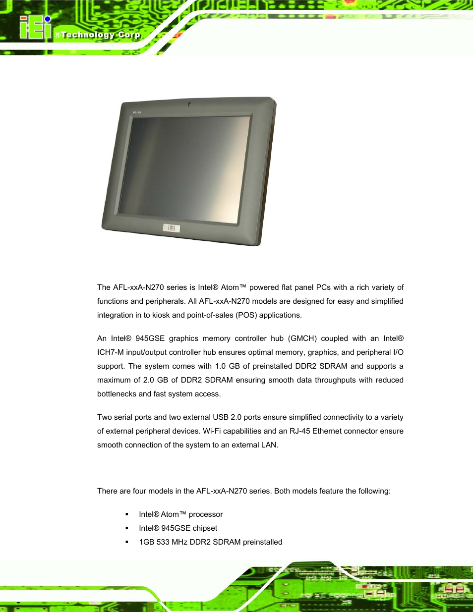 1 features and model variations, Afolux, A-n270 | Eries, Anel, Verview, Figure 1-1: afolux afl-xxa-n270 flat panel pc | IEI Integration AFL-xxA-N270-Series v1.03 User Manual | Page 18 / 171