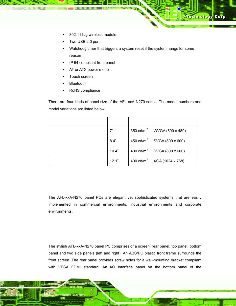 2 applications, 2 external overview, 1 general description | Xternal, Verview, Table 1-1: model variations | IEI Integration AFL-xxA-N270-Series v1.03 User Manual | Page 19 / 171