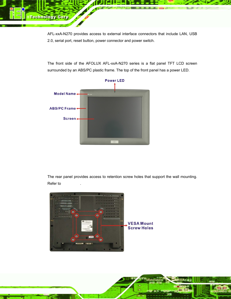 2 front panel, 3 rear panel, Figure 1-2: afl-xxa-n270 front view | Figure 1-3: afl-xxa-n270 rear view | IEI Integration AFL-xxA-N270-Series v1.03 User Manual | Page 20 / 171
