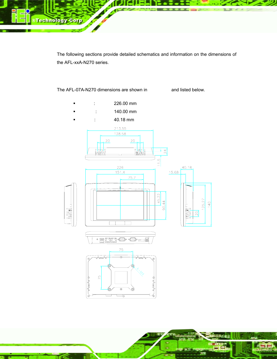 1 dimensions, 1 afl-07a-n270 dimensions, Imensions | Figure 2-1: afl-07a-n270 dimensions (mm) | IEI Integration AFL-xxA-N270-Series v1.03 User Manual | Page 26 / 171