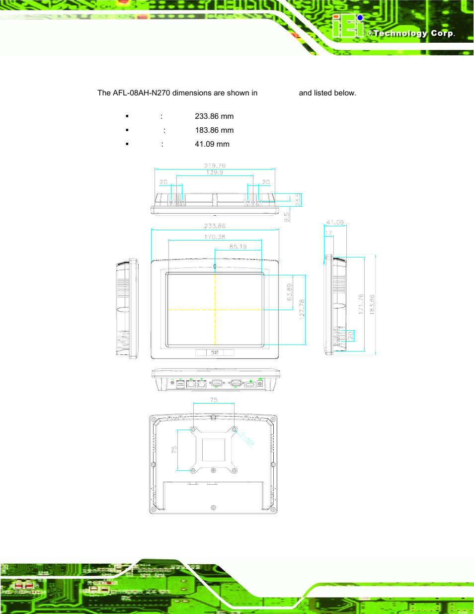 2 afl-08ah-n270 dimensions, Figure 2-2: afl-08ah-n270 dimensions (mm) | IEI Integration AFL-xxA-N270-Series v1.03 User Manual | Page 27 / 171