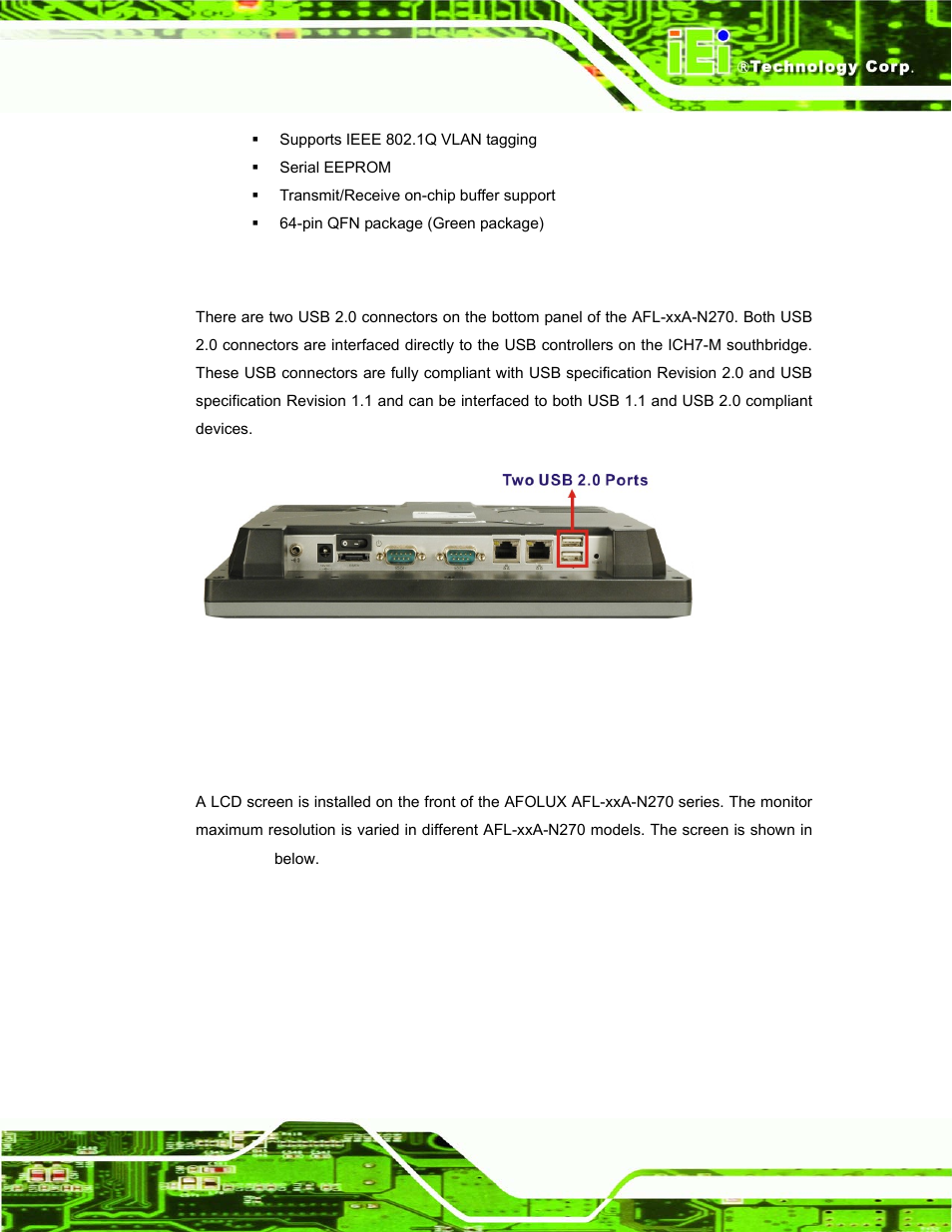 3 external usb connectors, 5 afolux afl-xxa-n270 front side, 1 monitor | Afolux, A-n270, Ront, Figure 2-8: external usb ports | IEI Integration AFL-xxA-N270-Series v1.03 User Manual | Page 33 / 171