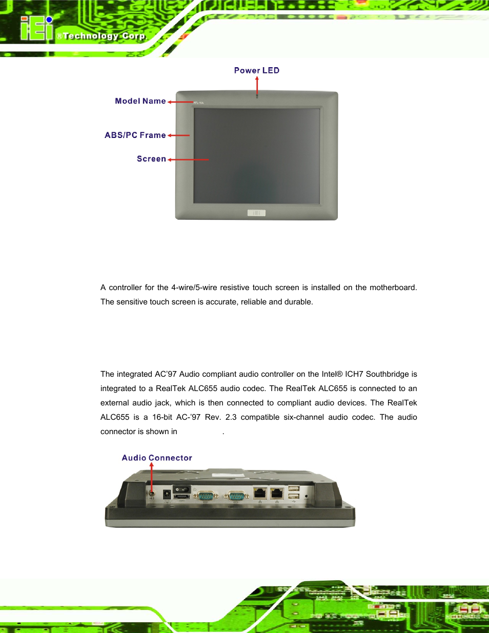 2 touch-screen module, 6 audio, 1 ac’97 audio codec controller | Udio, Figure 2-9: lcd screen, Figure 2-10: audio jack | IEI Integration AFL-xxA-N270-Series v1.03 User Manual | Page 34 / 171