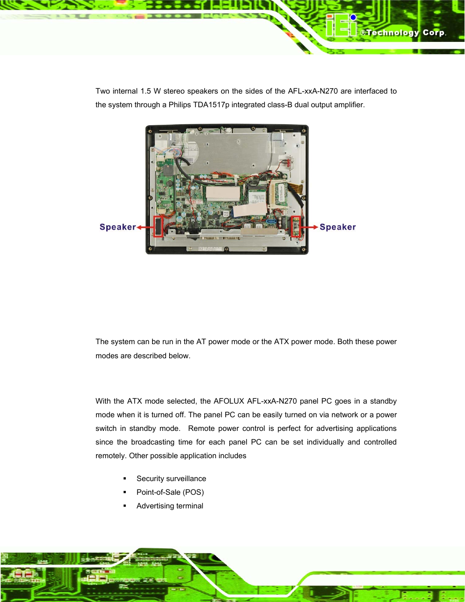 2 stereo speakers, 7 system power, 1 power mode | 1 atx power mode (default), Ystem, Ower, Figure 2-11: stereo speakers | IEI Integration AFL-xxA-N270-Series v1.03 User Manual | Page 35 / 171