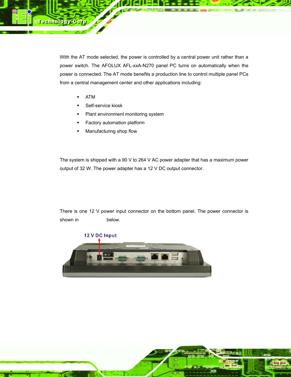2 at power mode, 2 power adapter, 3 power connector | Figure 2-12: power connector | IEI Integration AFL-xxA-N270-Series v1.03 User Manual | Page 36 / 171