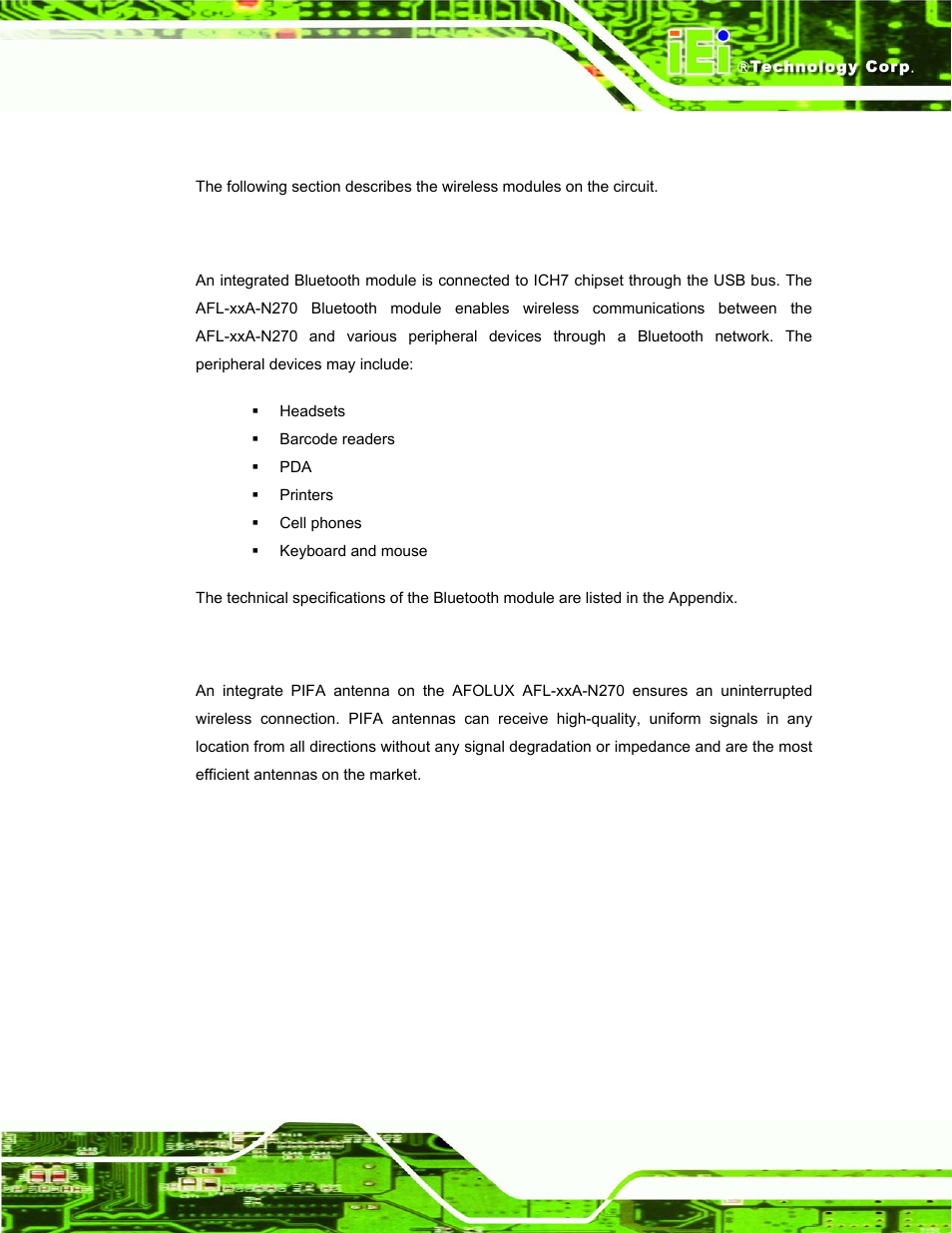 8 wireless connections, 1 usb bluetooth module, 2 wireless ethernet | Ireless, Onnections | IEI Integration AFL-xxA-N270-Series v1.03 User Manual | Page 37 / 171