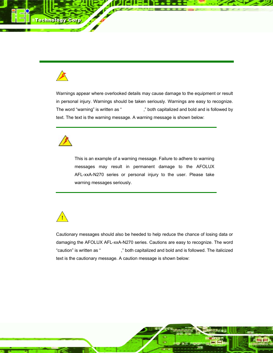 Manual conventions | IEI Integration AFL-xxA-N270-Series v1.03 User Manual | Page 4 / 171