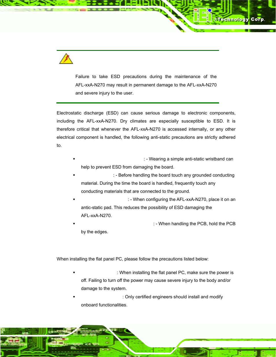 1 anti-static precautions, 2 installation precautions, Static | Recautions, Nstallation | IEI Integration AFL-xxA-N270-Series v1.03 User Manual | Page 45 / 171