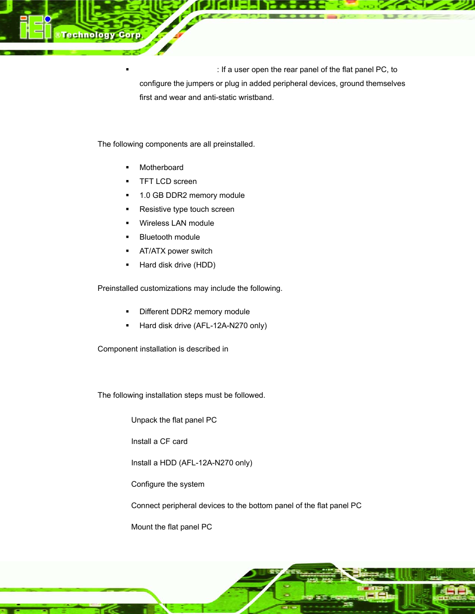 3 preinstalled components, 4 installation and configuration steps, Reinstalled | Omponents, Nstallation and, Onfiguration, Teps | IEI Integration AFL-xxA-N270-Series v1.03 User Manual | Page 46 / 171