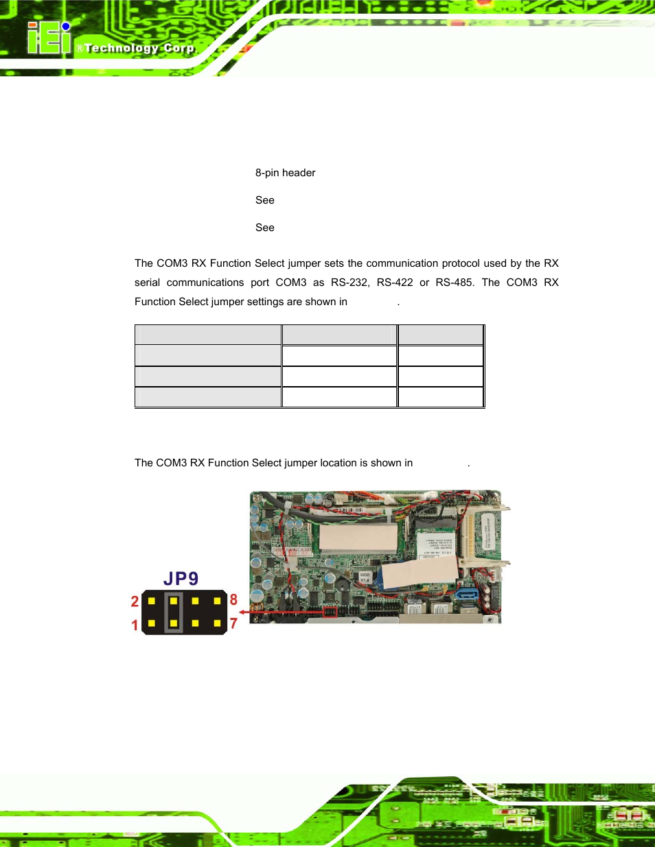 5 com3 rx function select jumper, Table 4-8: com3 rx function select jumper settings | IEI Integration AFL-xxA-N270-Series v1.03 User Manual | Page 56 / 171