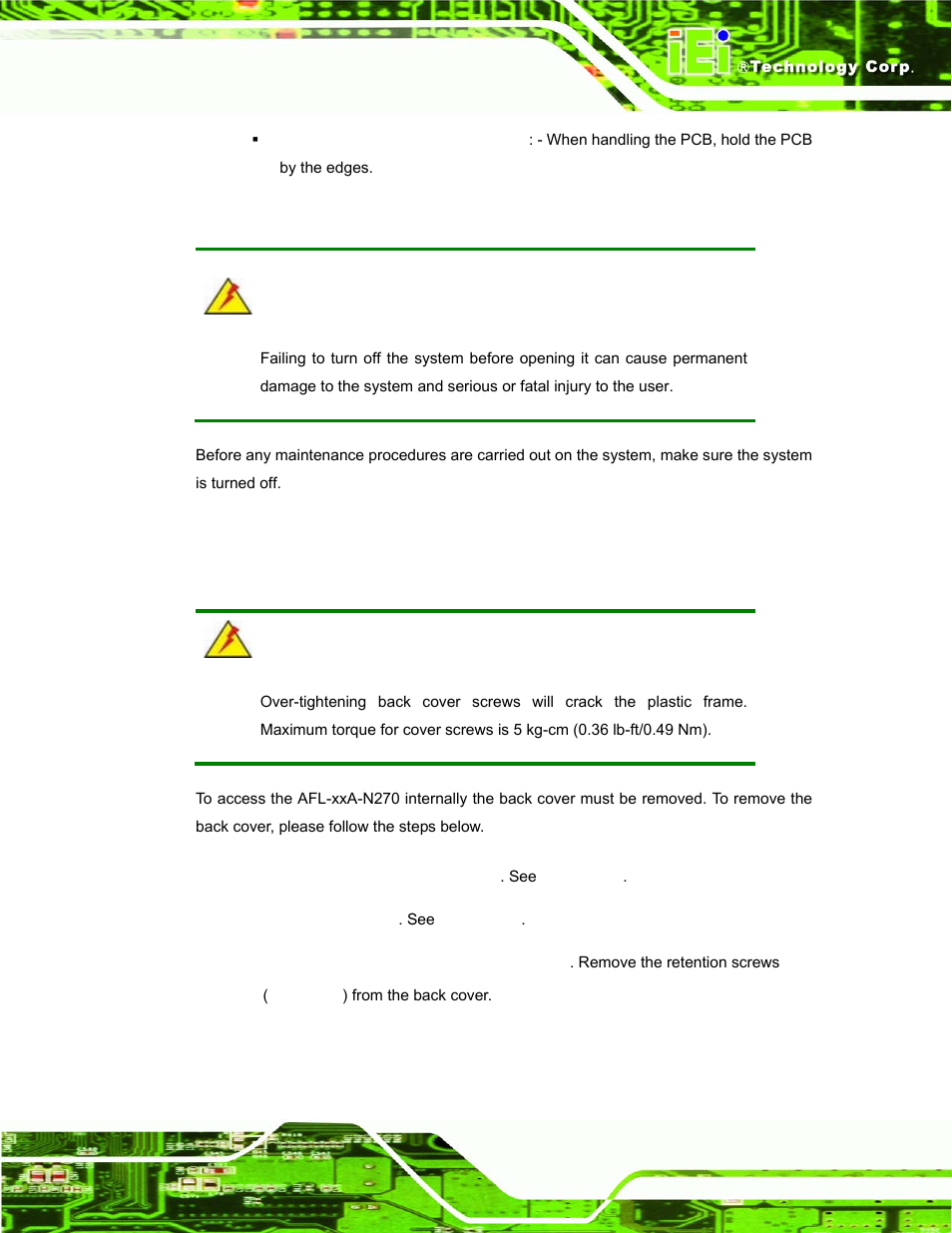 3 turn off the power, 4 opening the system, 1 removing the back cover | Urn off the, Ower, Pening the, Ystem | IEI Integration AFL-xxA-N270-Series v1.03 User Manual | Page 75 / 171
