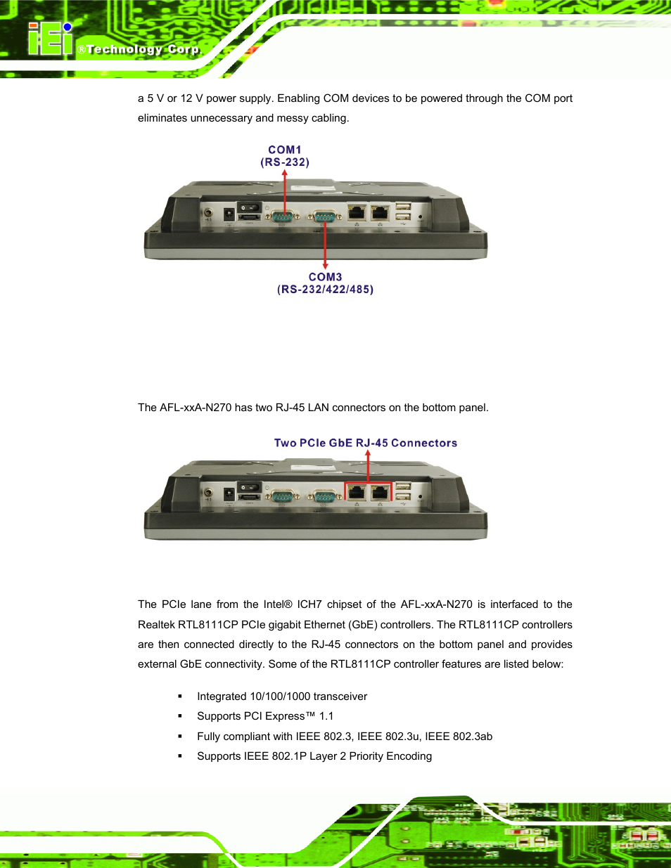 2 lan connectivity, Figure 2-6: com ports, Figure 2-7: rj-45 ethernet connectors | IEI Integration AFL-xxA-N270-Series v2.11 User Manual | Page 30 / 170