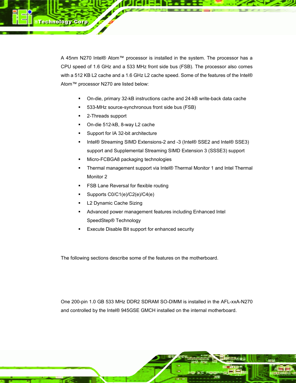 2 intel® atom™ processor, 3 motherboard components, 1 memory support | 1 installed memory | IEI Integration AFL-xxA-N270-Series v2.20 User Manual | Page 28 / 168