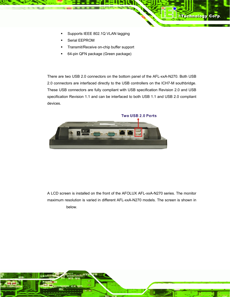 3 external usb connectors, 5 afolux afl-xxa-n270 front side, 1 monitor | IEI Integration AFL-xxA-N270-Series v2.20 User Manual | Page 31 / 168