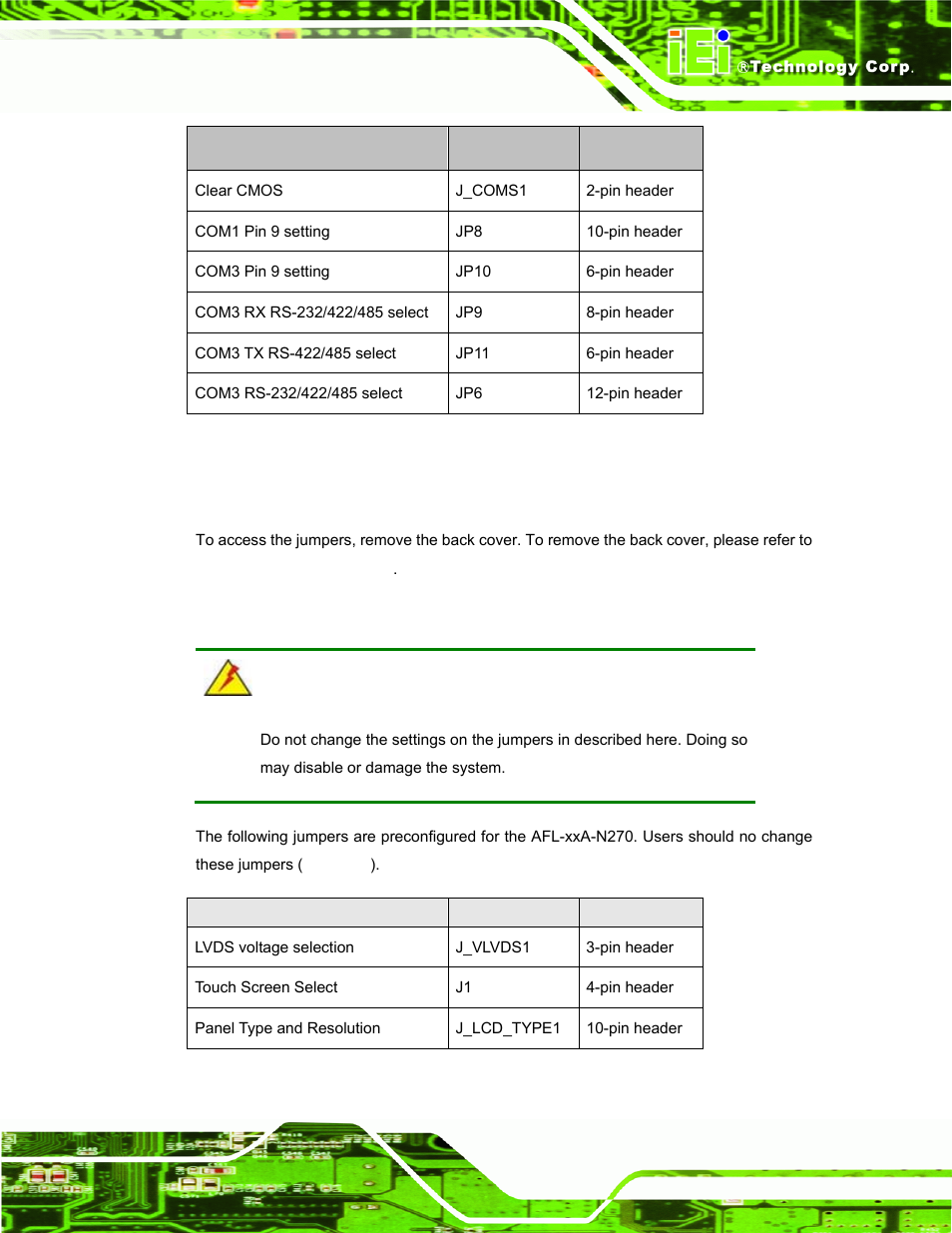 1 access the jumpers, 2 preconfigured jumpers | IEI Integration AFL-xxA-N270-Series v2.20 User Manual | Page 49 / 168