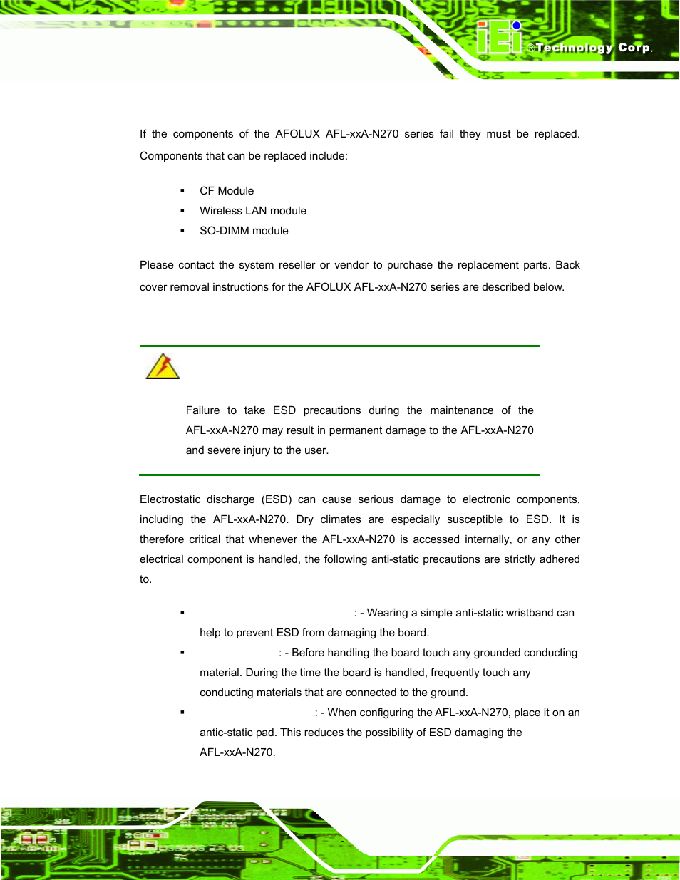 1 system maintenance introduction, 2 anti-static precautions | IEI Integration AFL-xxA-N270-Series v2.20 User Manual | Page 71 / 168