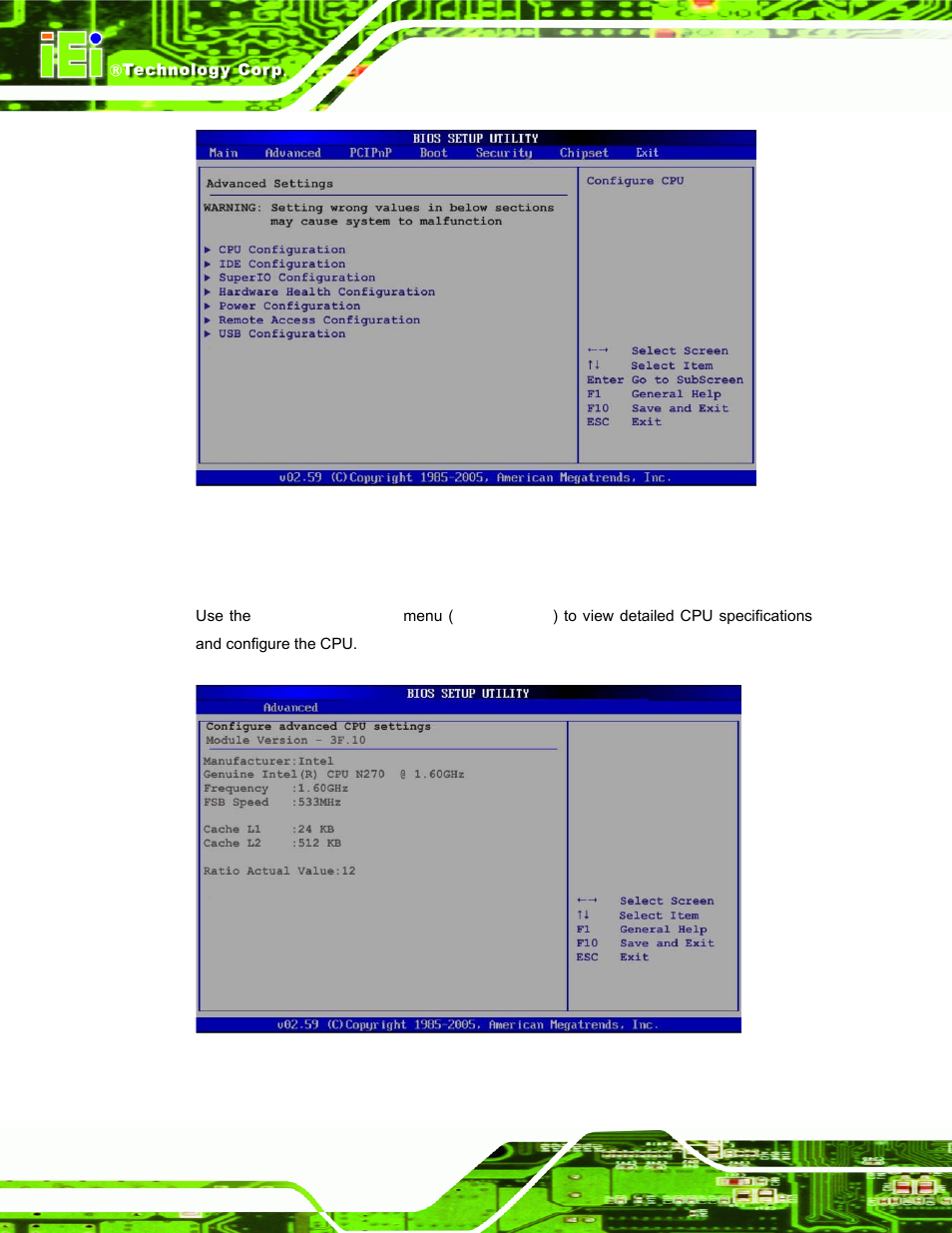 1 cpu configuration | IEI Integration AFL-xxA-N270-Series v2.20 User Manual | Page 82 / 168