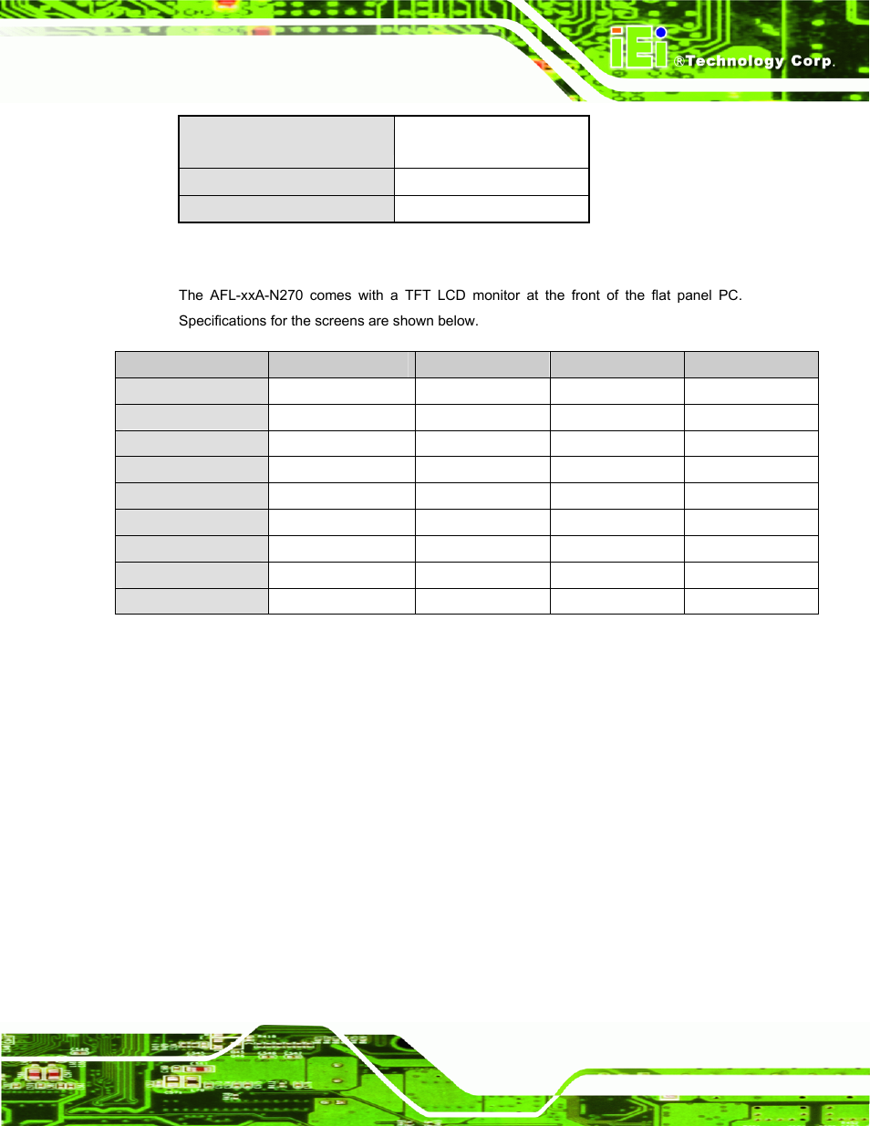 A.3 screen specifications | IEI Integration AFL-xxA-N270-Series v2.30 User Manual | Page 161 / 182