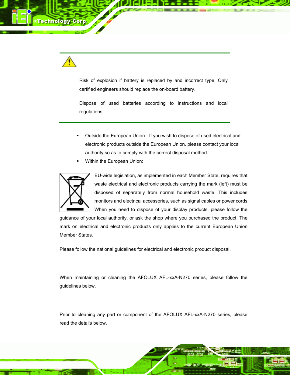 B.1.3 product disposal, B.2 maintenance and cleaning precautions, B.2.1 maintenance and cleaning | IEI Integration AFL-xxA-N270-Series v2.30 User Manual | Page 166 / 182
