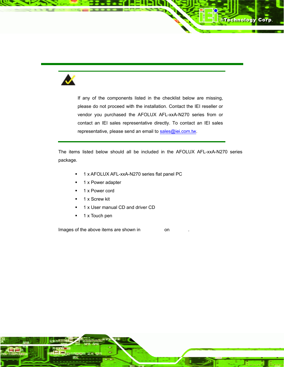 Packing list | IEI Integration AFL-xxA-N270-Series v2.30 User Manual | Page 5 / 182