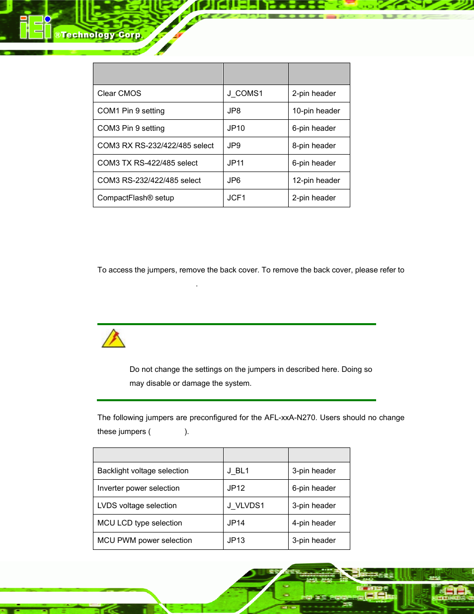 1 access the jumpers, 2 preconfigured jumpers | IEI Integration AFL-xxA-N270-Series v2.30 User Manual | Page 50 / 182