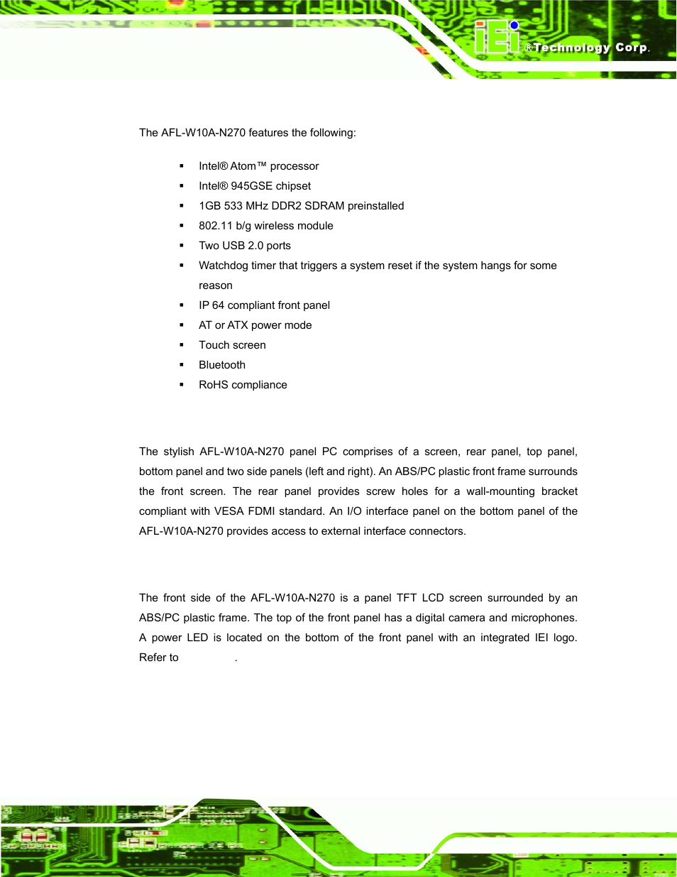 1 features, 2 external overview, 1 front panel | Xternal, Verview | IEI Integration AFL-W10A-N270 v1.00 User Manual | Page 13 / 113