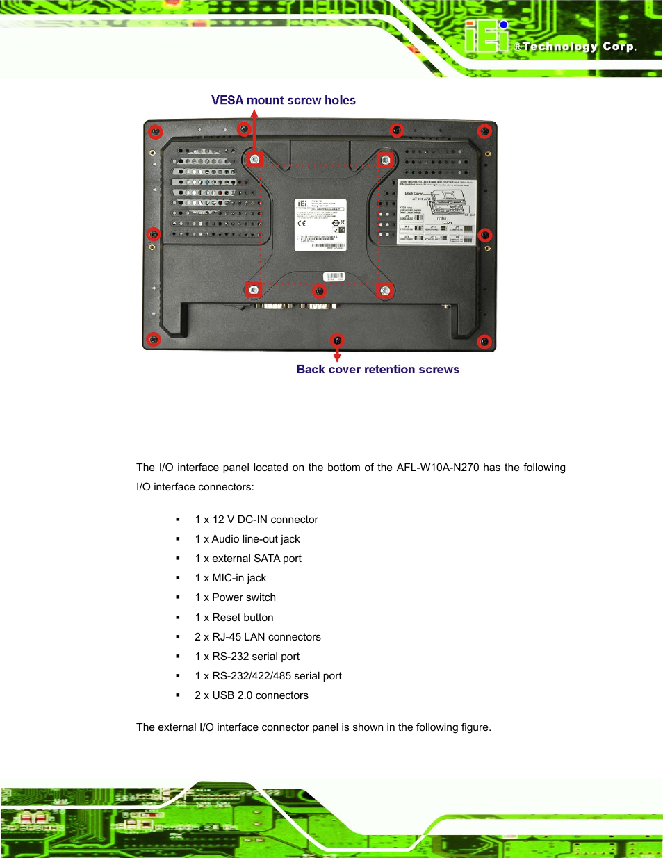 3 i/o interface panel, Figure 1-3: afl-w10a-n270 rear view | IEI Integration AFL-W10A-N270 v1.00 User Manual | Page 15 / 113