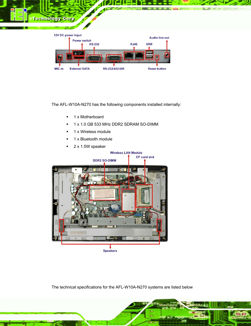 3 internal overview, 4 system specifications, Nternal | Verview, Ystem, Pecifications, Figure 1-5: internal overview | IEI Integration AFL-W10A-N270 v1.00 User Manual | Page 16 / 113