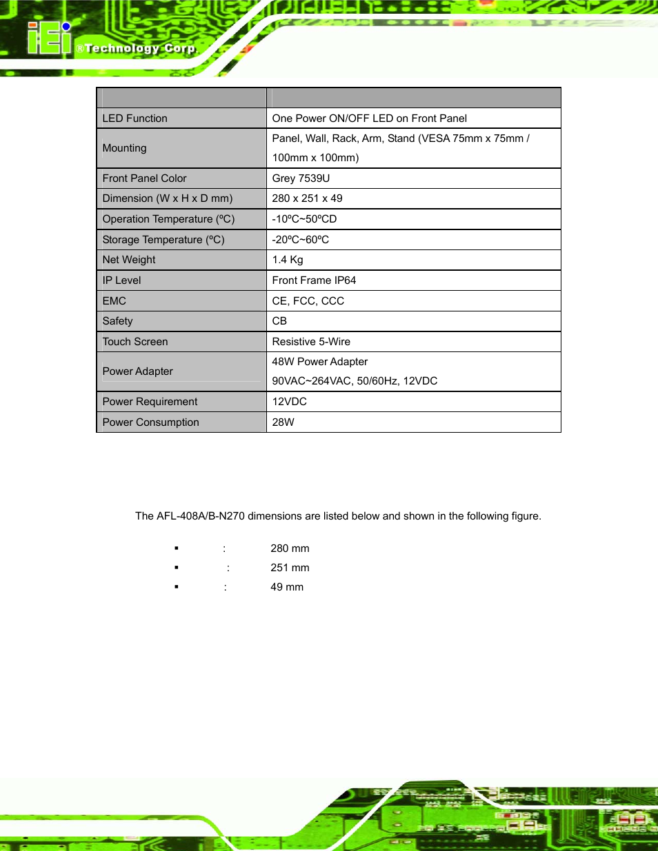 5 dimensions, Imensions, Table 1-1: afl-w10a-n270 specifications | IEI Integration AFL-W10A-N270 v1.00 User Manual | Page 18 / 113