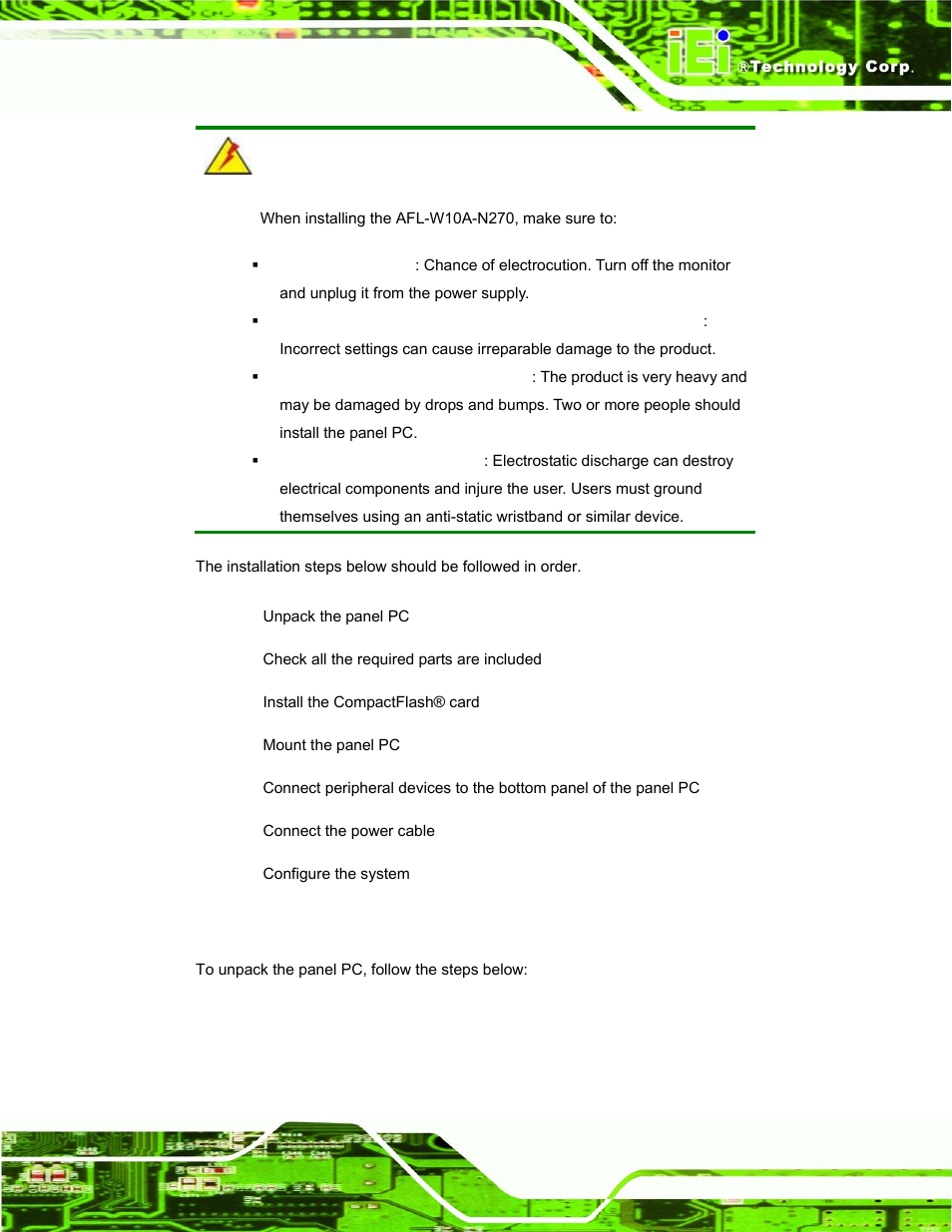 1 unpack the panel pc, Npack the, Anel | IEI Integration AFL-W10A-N270 v1.00 User Manual | Page 21 / 113