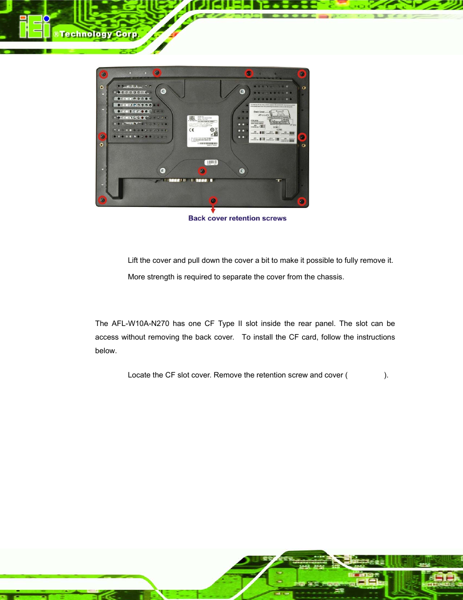 3 cf card installation, Nstallation, Figure 2-1: back cover retention screws | IEI Integration AFL-W10A-N270 v1.00 User Manual | Page 26 / 113