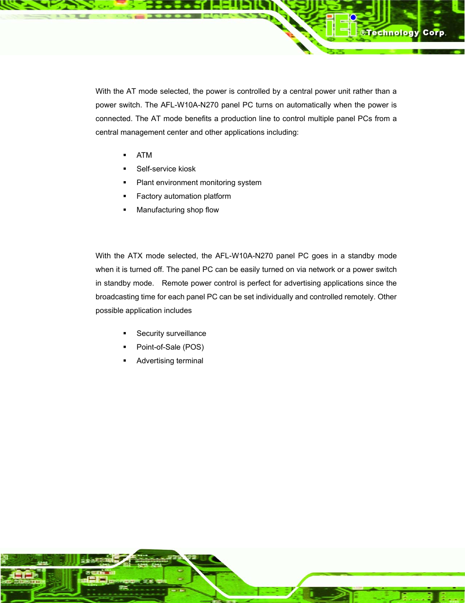 1 at power mode, 2 atx power mode | IEI Integration AFL-W10A-N270 v1.00 User Manual | Page 29 / 113